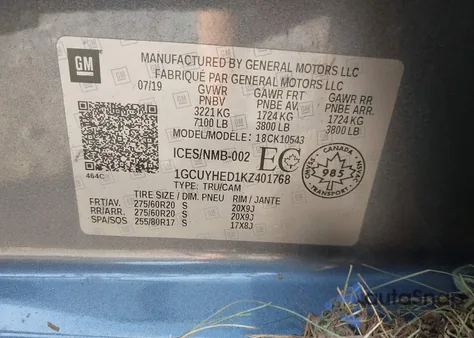 2019 Chevrolet Silverado 1500 High Country из США, поврежденный, VIN 1GCUYHED1KZ401768